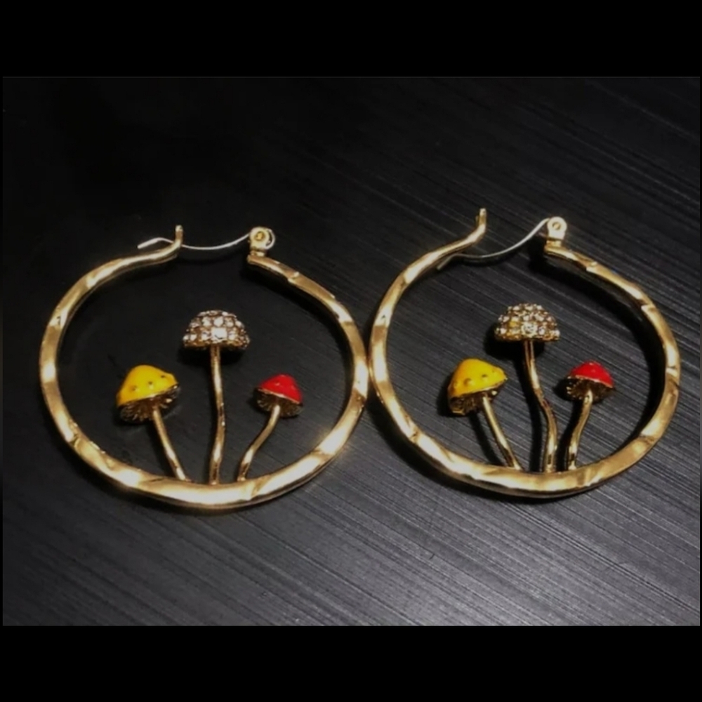 Gold Mushroom Hoop Earrings